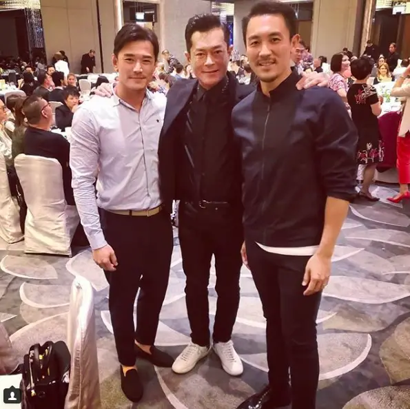TVB actor, Stefan Wong, Hong Kong actor, Louis Koo, and TVB actor, Shaun Tam at Hong Kong movie producer and director, Raymond Wong's grandson's 100th day celebration. 